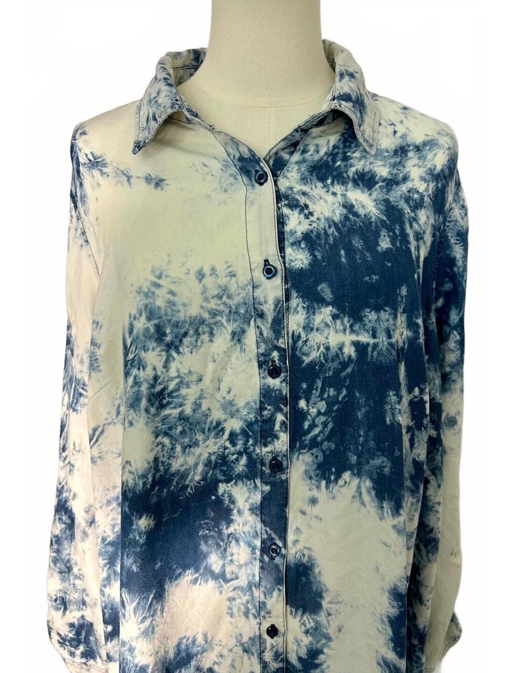 Zac & Rachel 1X Blue White Tie Dye Tunic Shirt Asymmetrical Hem Roll Tab Boho